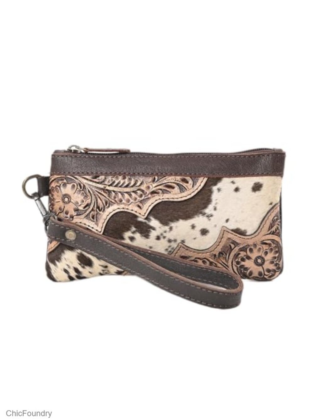 Genuine Cowhide Leather Clutch Bag Hand Tooled Wristlet Purse